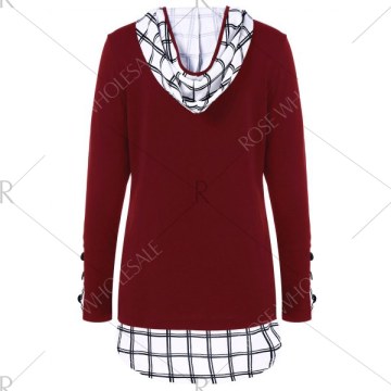 Hooded Plaid Trim Curved T-Shirt - Deep Red