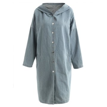 Hooded Pockets Long Denim Coat - Blue Gray One