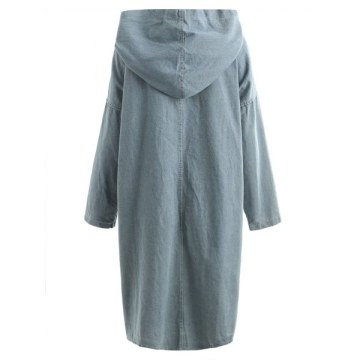 Hooded Pockets Long Denim Coat - Blue Gray One