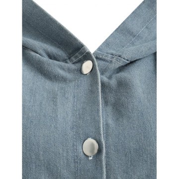 Hooded Pockets Long Denim Coat - Blue Gray One
