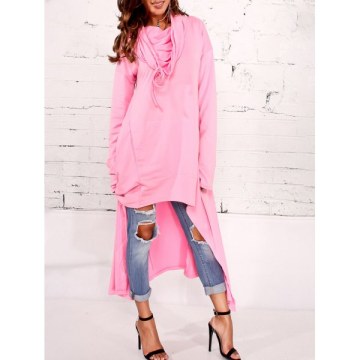 Kangaroo Pocket Asymmetric Maxi Hoodie - Pink