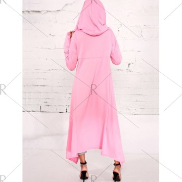 Kangaroo Pocket Asymmetric Maxi Hoodie - Pink