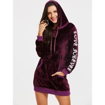 Kangaroo Pocket Love Forever Print Velvet Hoodie Dress - Blue