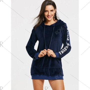 Kangaroo Pocket Love Forever Print Velvet Hoodie Dress - Blue