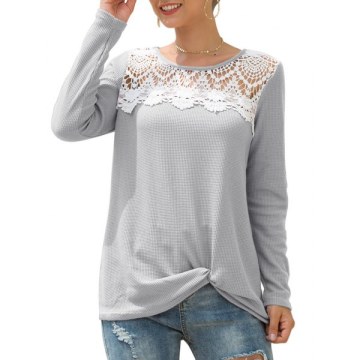 Knitted Crochet Panel Twist Long Sleeve Tee - Gray