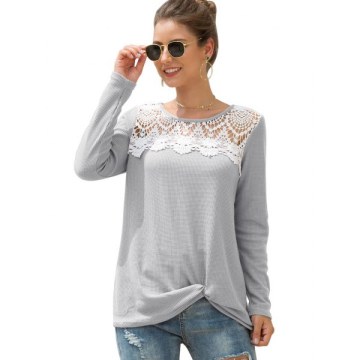 Knitted Crochet Panel Twist Long Sleeve Tee - Gray