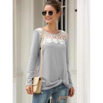 Knitted Crochet Panel Twist Long Sleeve Tee - Gray
