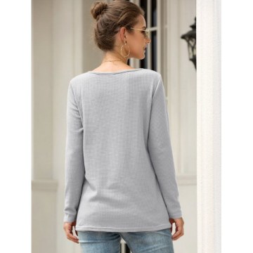 Knitted Crochet Panel Twist Long Sleeve Tee - Gray