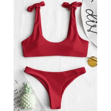 Knot Detail ow Waisted Bikini Set - Deep Red