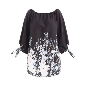 Knot Sleeve Floral Blouse - Black