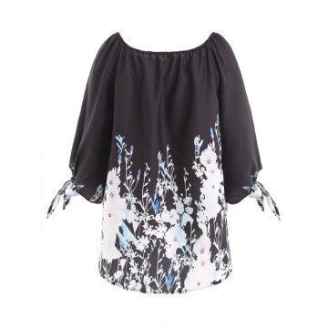 Knot Sleeve Floral Blouse - Black