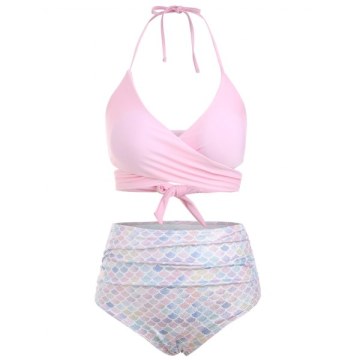 Knotted Back ermaid Wrap Bikini Swimsuit - Pink