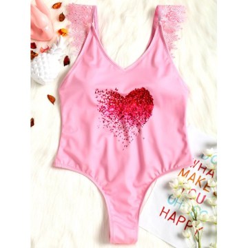 Lace Applique Plunge High Leg Valentine wimsuit - Pink