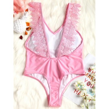 Lace Applique Plunge High Leg Valentine wimsuit - Pink