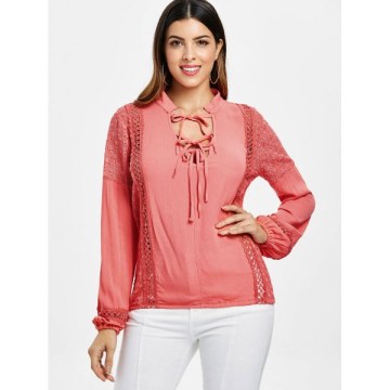ace Crochet Front Tie Blouse - Watermelon Pink