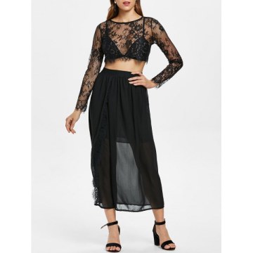 Lace Crop Top and Slit axi Skirt - Black