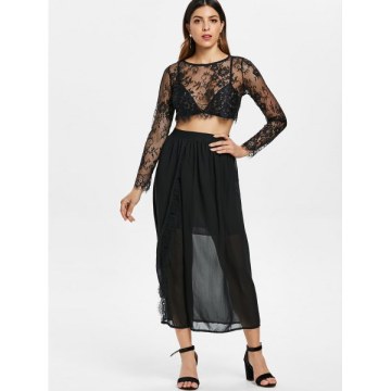 Lace Crop Top and Slit axi Skirt - Black