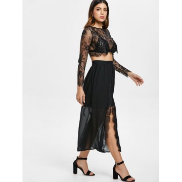 Lace Crop Top and Slit axi Skirt - Black