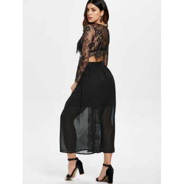 Lace Crop Top and Slit axi Skirt - Black