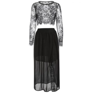 Lace Crop Top and Slit axi Skirt - Black