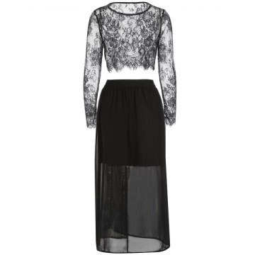 Lace Crop Top and Slit axi Skirt - Black