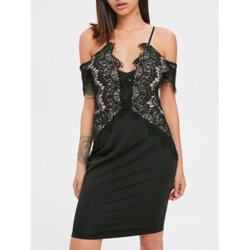 Lace Eyelash Cold Shoulder Dress - Black