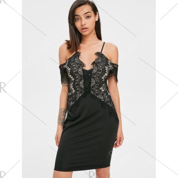 Lace Eyelash Cold Shoulder Dress - Black