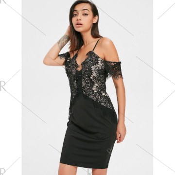 Lace Eyelash Cold Shoulder Dress - Black