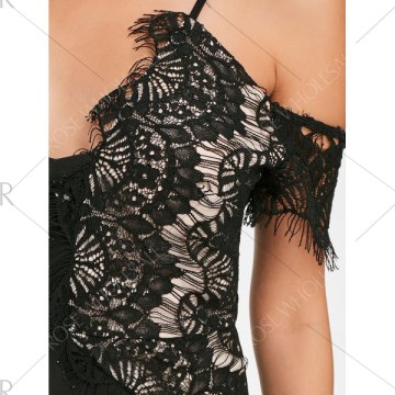 Lace Eyelash Cold Shoulder Dress - Black