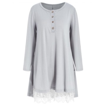 Lace Hem Button Detail T-shirt - Gray
