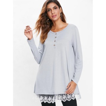 Lace Hem Button Detail T-shirt - Gray