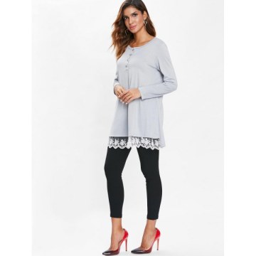 Lace Hem Button Detail T-shirt - Gray