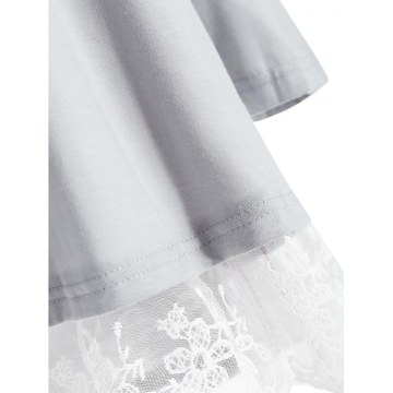 Lace Hem Button Detail T-shirt - Gray
