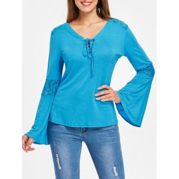 Lace Insert Bell Sleeves T-shirt - Glacial Blue Ice