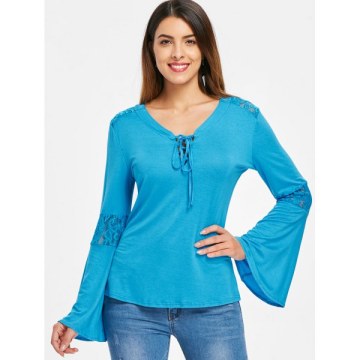 Lace Insert Bell Sleeves T-shirt - Glacial Blue Ice