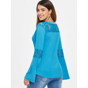 Lace Insert Bell Sleeves T-shirt - Glacial Blue Ice
