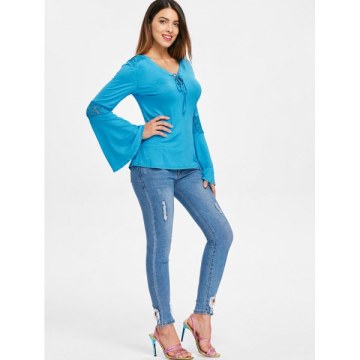 Lace Insert Bell Sleeves T-shirt - Glacial Blue Ice