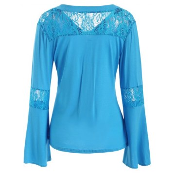 Lace Insert Bell Sleeves T-shirt - Glacial Blue Ice