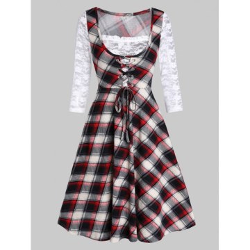Lace Insert Checked Square Collar A Line Dress - White