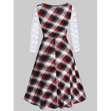 Lace Insert Checked Square Collar A Line Dress - White