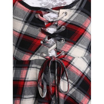 Lace Insert Checked Square Collar A Line Dress - White