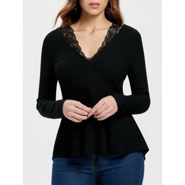 Lace Insert High Low Knitwear - Black