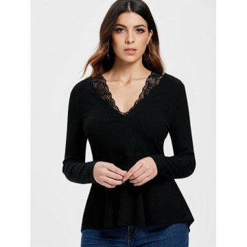 Lace Insert High Low Knitwear - Black