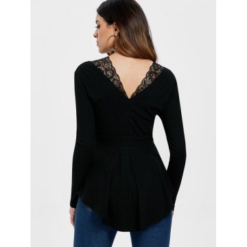 Lace Insert High Low Knitwear - Black