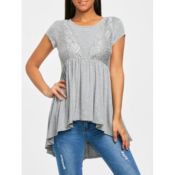 Lace Insert High Low Smock T-shirt - Gray