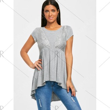 Lace Insert High Low Smock T-shirt - Gray