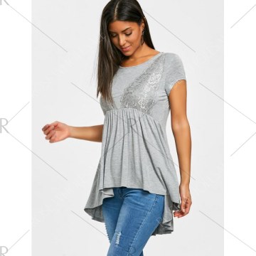 Lace Insert High Low Smock T-shirt - Gray