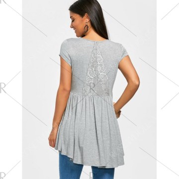 Lace Insert High Low Smock T-shirt - Gray