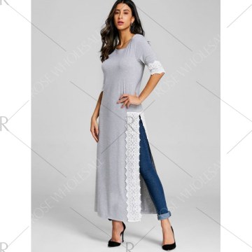 Lace Insert High Slit axi T-shirt - Gray
