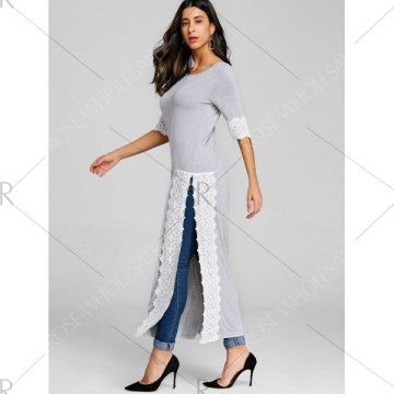 Lace Insert High Slit axi T-shirt - Gray